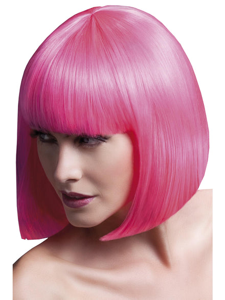 Womens Deluxe Neon Pink Bob Wig With Straight Fringe - Main Image