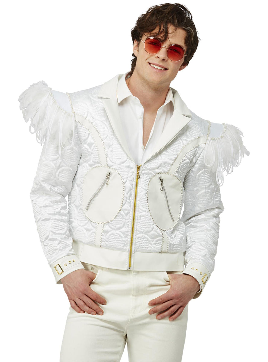 Mens White Feather Elton John Costume Jacket - Front Image