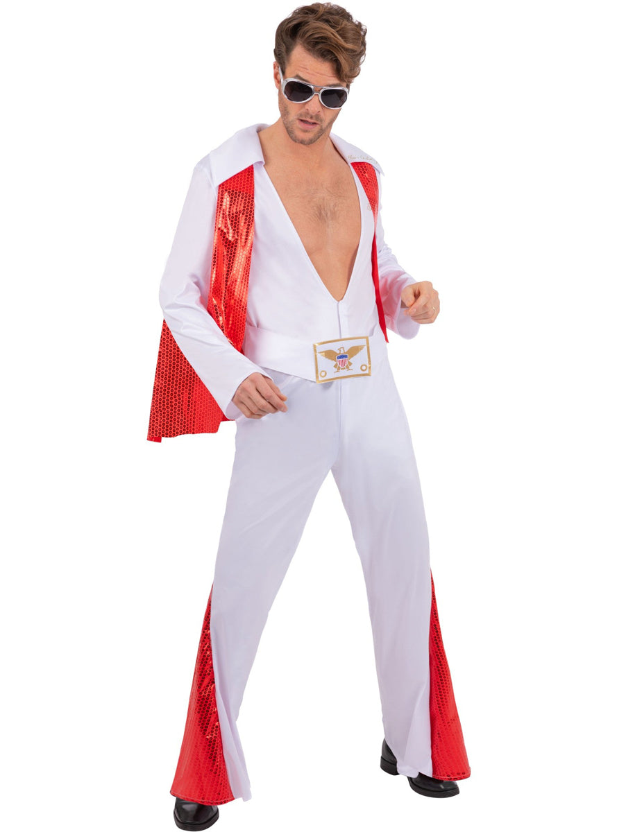 Red and White Mens Elvis Jumpsuit Costume - Alternate Image