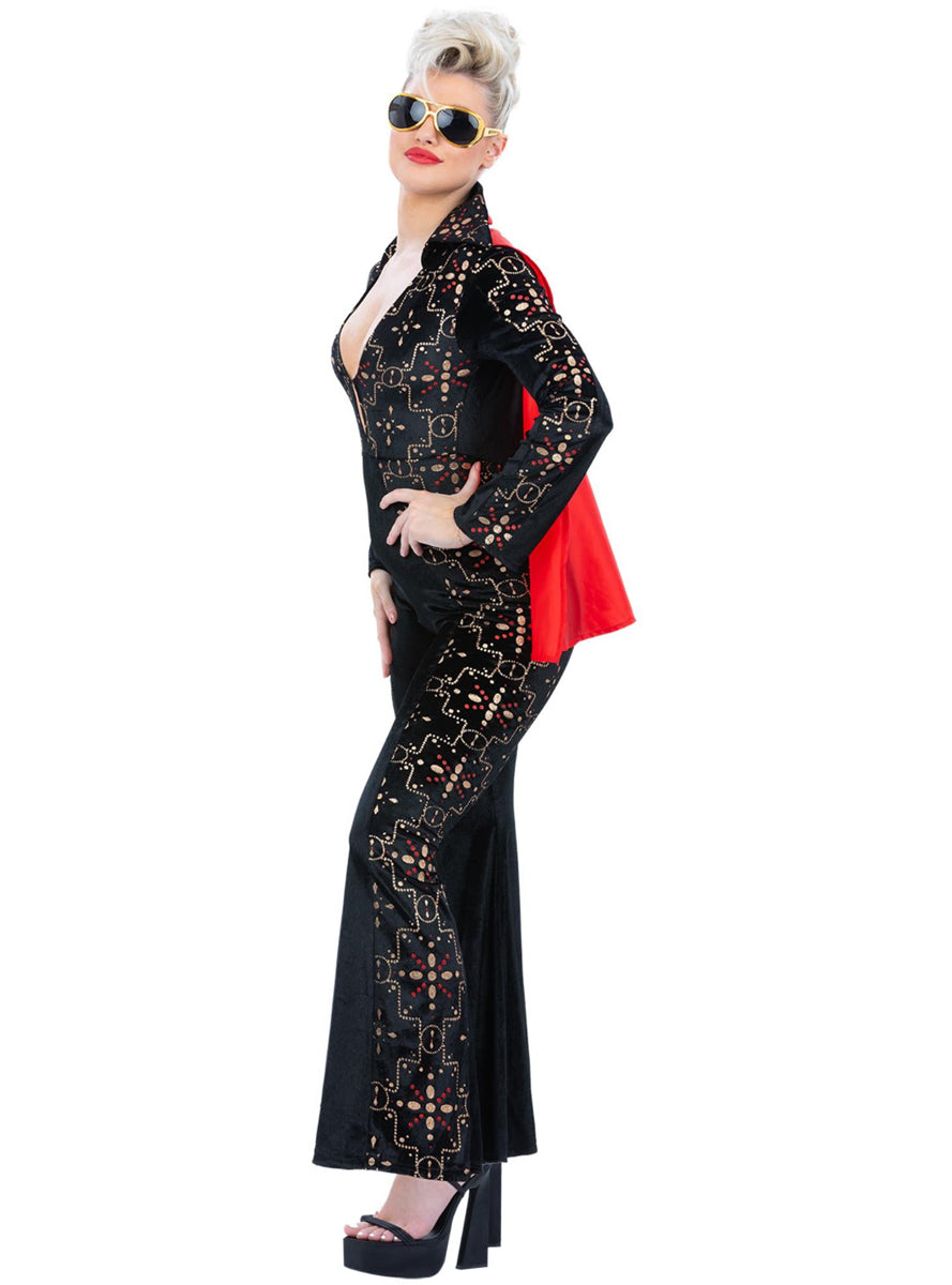 Black and Gold Elvis Jumpsuit for Plus Size Women - Side Image