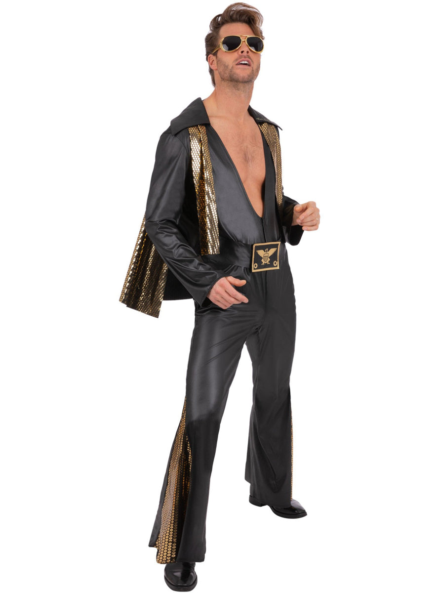 Elvis Mens Black and Gold Costume Jumpsuit - Main Image