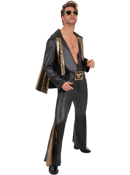 Elvis Mens Black and Gold Costume Jumpsuit - Main Image