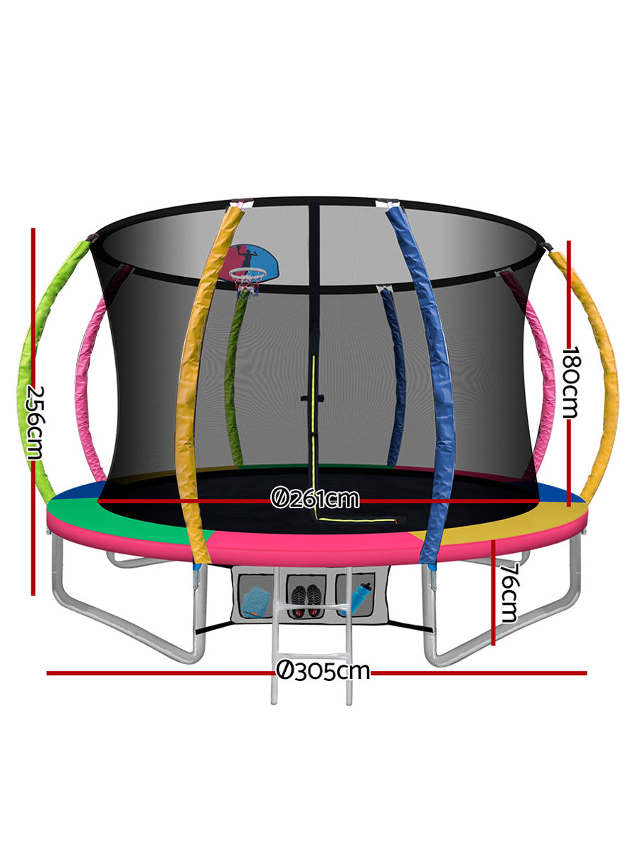 Everfit 10 Foot Rainbow Round Trampoline With Basketball Hoop And Safety Net Dimensions Image
