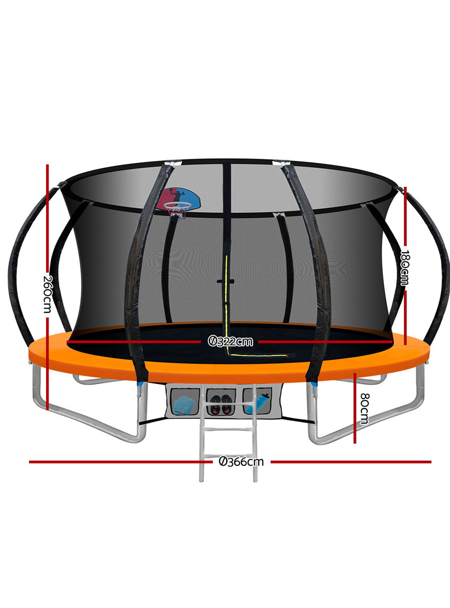 Everfit 12 Foot Round Orange Trampoline With Basketball Hoop And Safety Net Dimensions Image