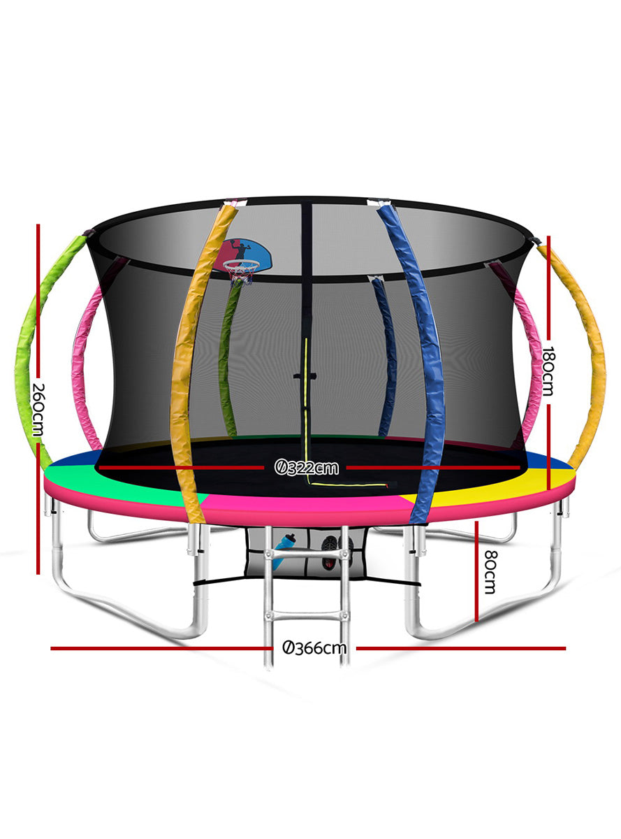 Everfit 12 Foot Round Rainbow Trampoline With Basketball Hoop And Safety Net Dimensions Image