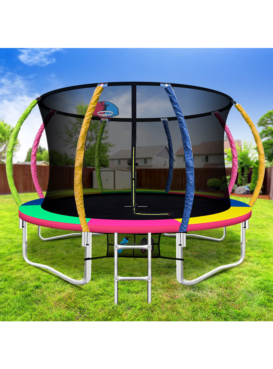 Everfit 12 Foot Round Rainbow Trampoline With Basketball Hoop And Safety Net Lifestyle Image