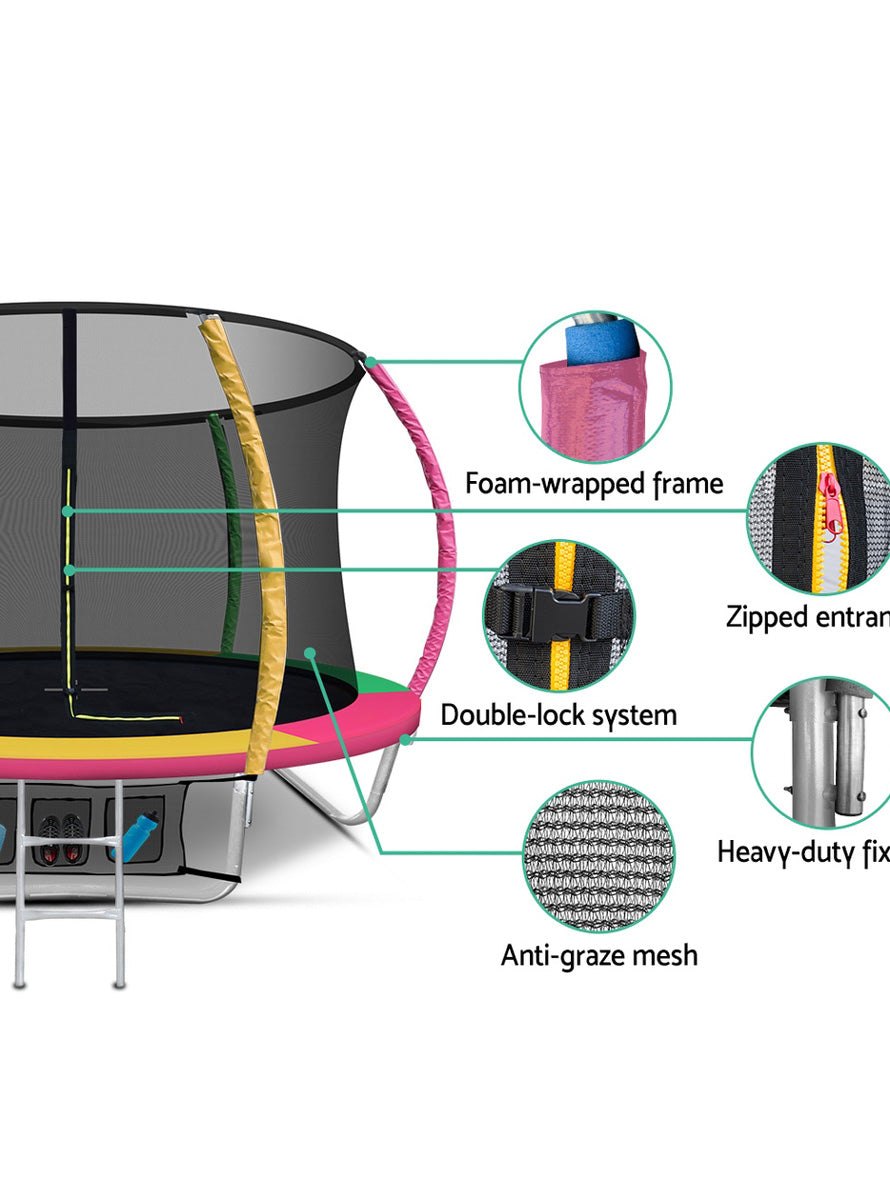 Everfit 8 Foot Pink Yellow And Green Round Trampoline With Safety Net Info Image 1