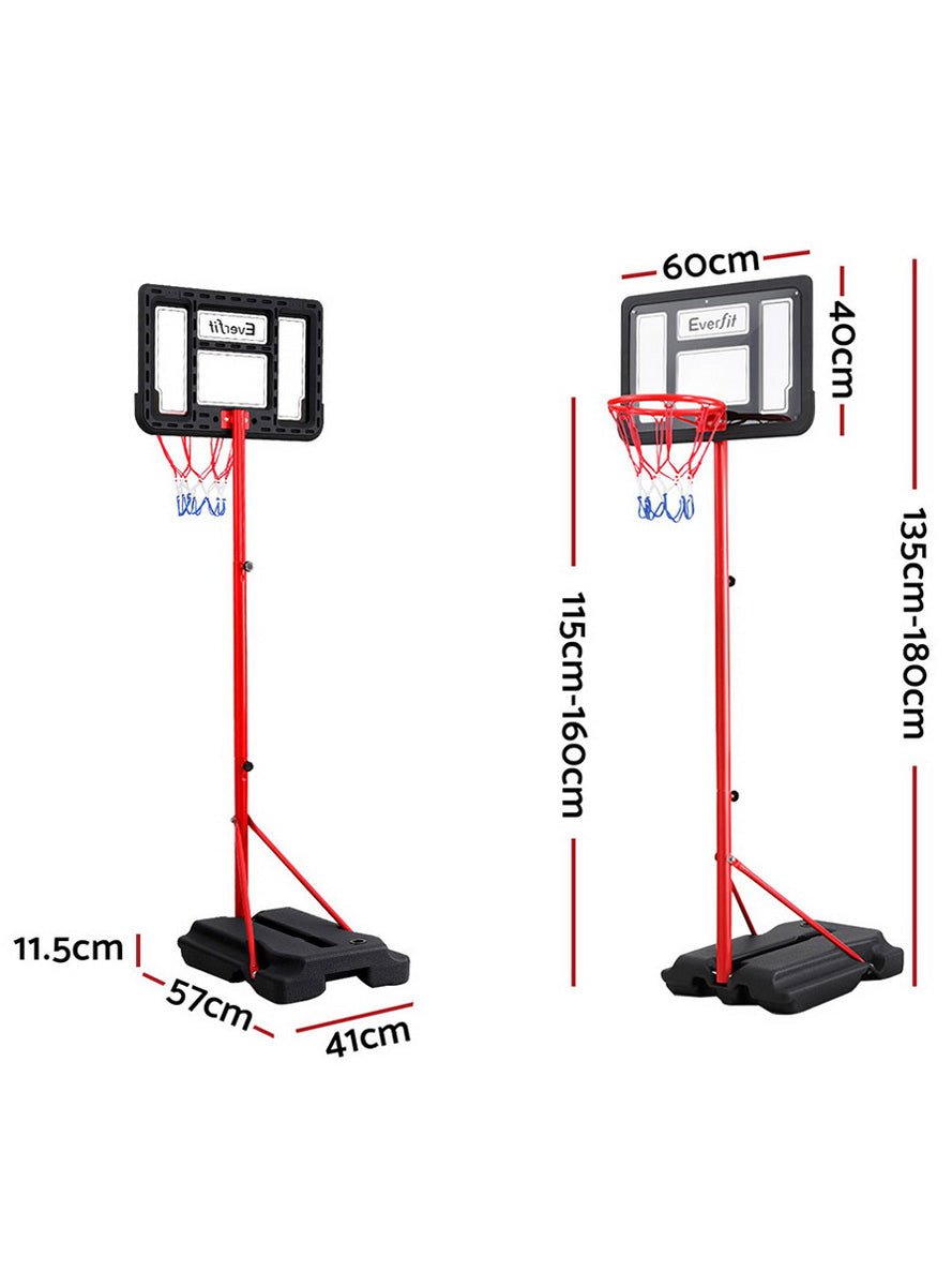 Everfit Kids 160cm Adjustable Basketball Hoop On Stand With Red And Black Details Dimensions Image