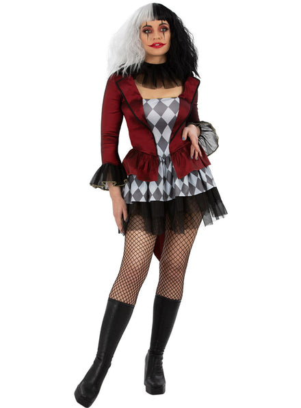 Womens sexy harlequin evil clown costume - Main image
