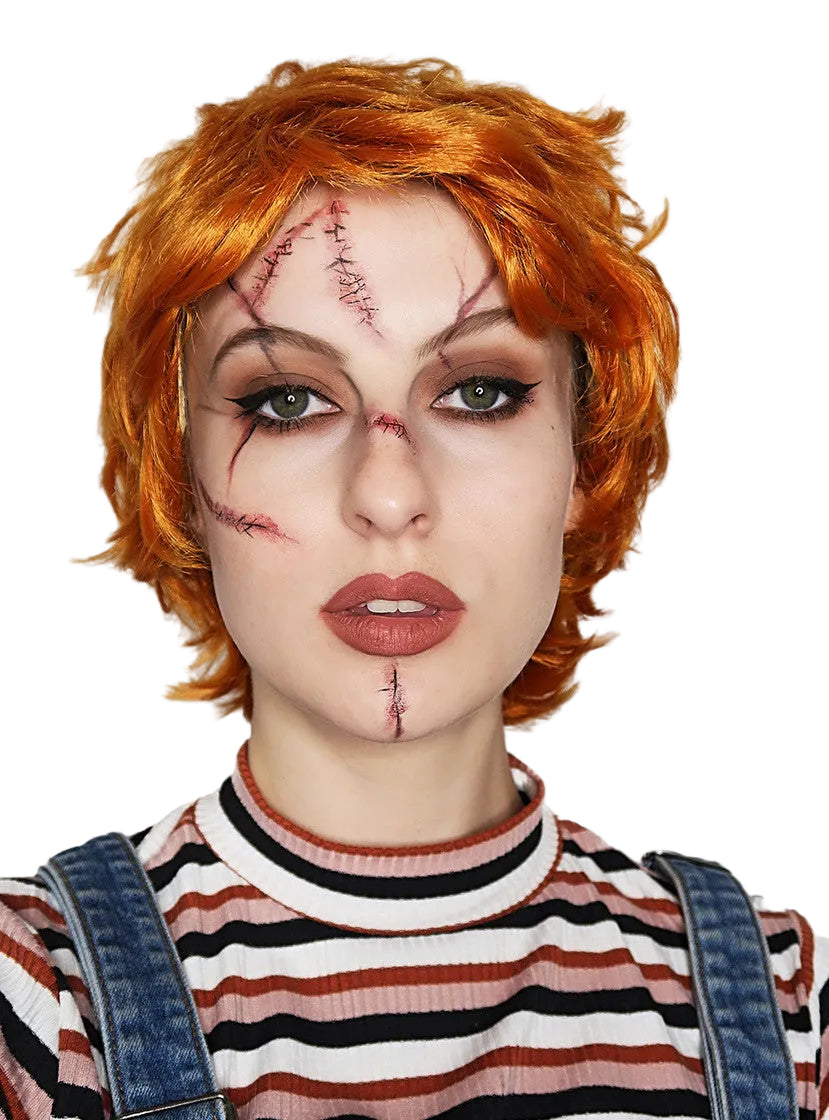 Evil Doll Adults Short Red Costume Wig and Scar Tattoo Set - Alternative Image 1