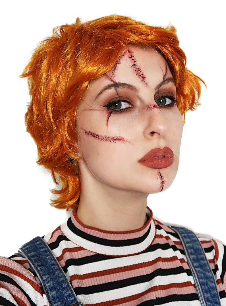 Evil Doll Adults Short Red Costume Wig and Scar Tattoo Set - Alternative Image 2