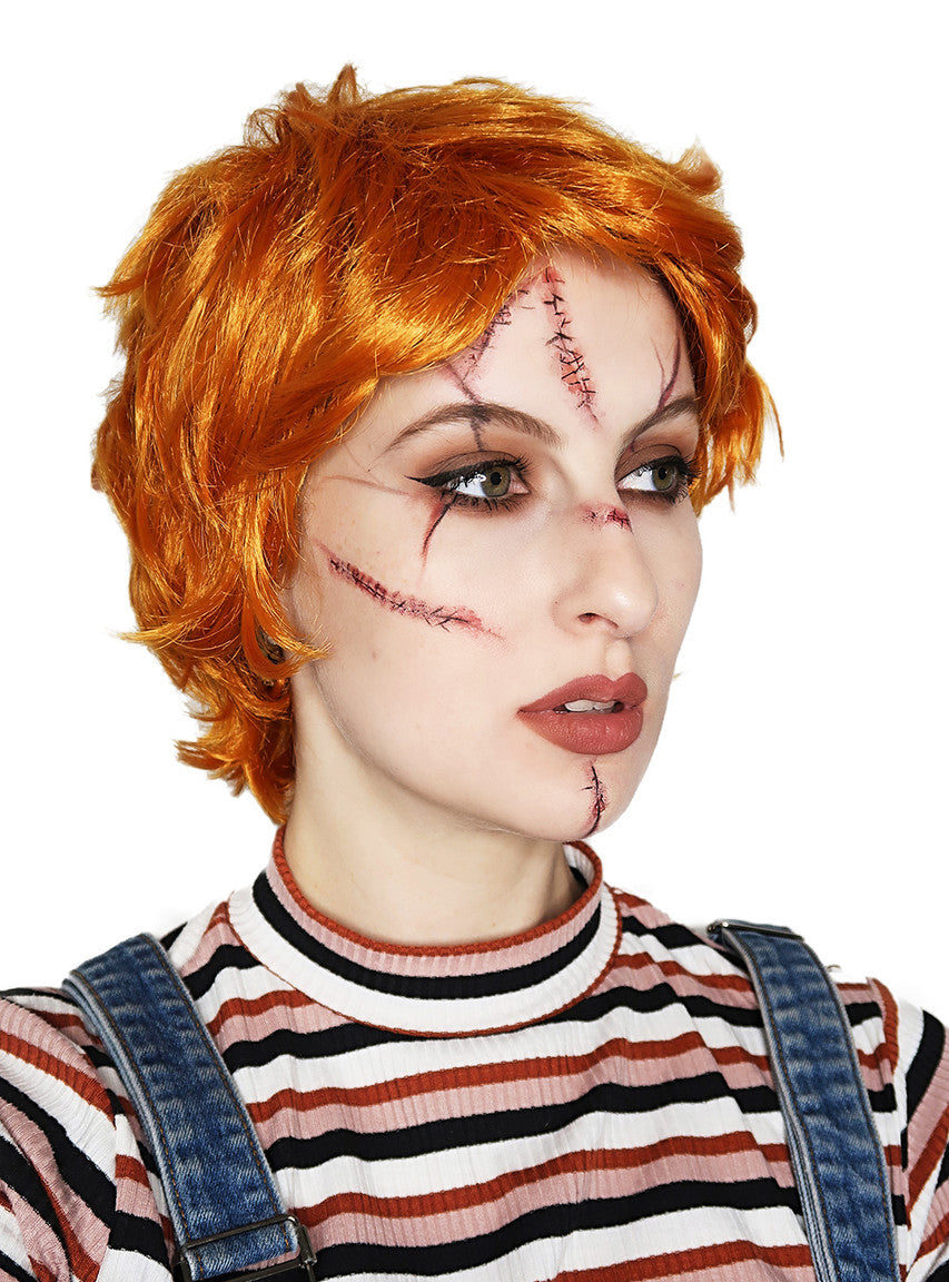 Evil Doll Adults Short Red Costume Wig and Scar Tattoo Set - Alternative Image 3