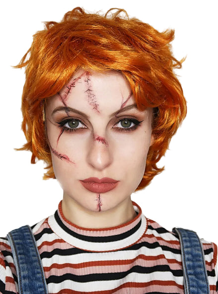 Evil Doll Adults Short Red Costume Wig and Scar Tattoo Set - Main Image