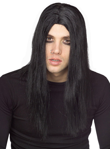 Mens Long Black Gothic Halloween Cosutme Wig - Main Image