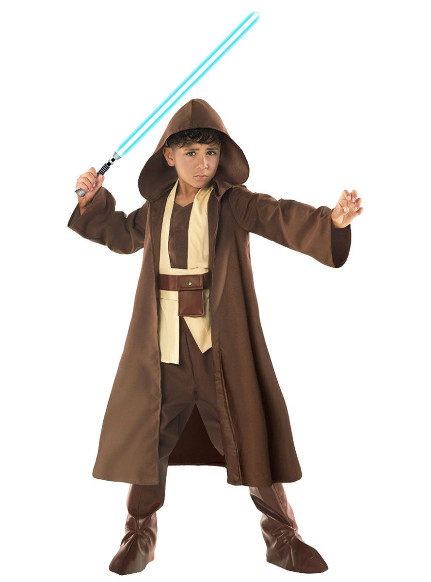 Boys Brown Fantasy Hooded Robe Star Wars Jedi Costume Main Image