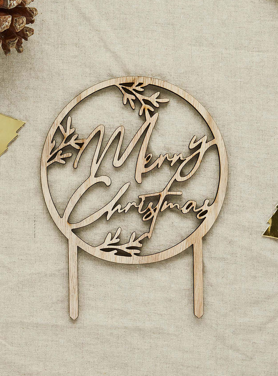 Festive Merry Christmas Wooden Cake Decoration - Close Image