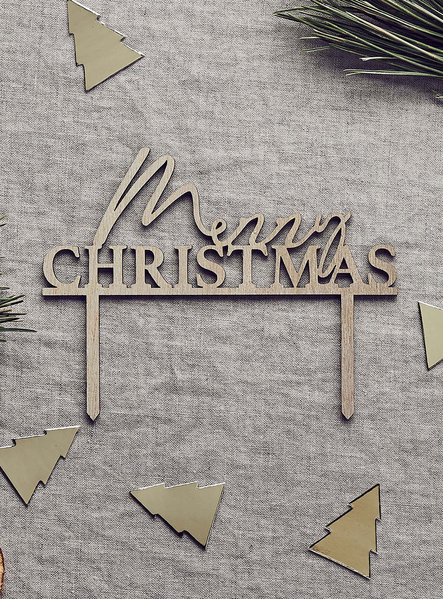 Merry Christmas Wooden Cake Topper Decoration - Close Image