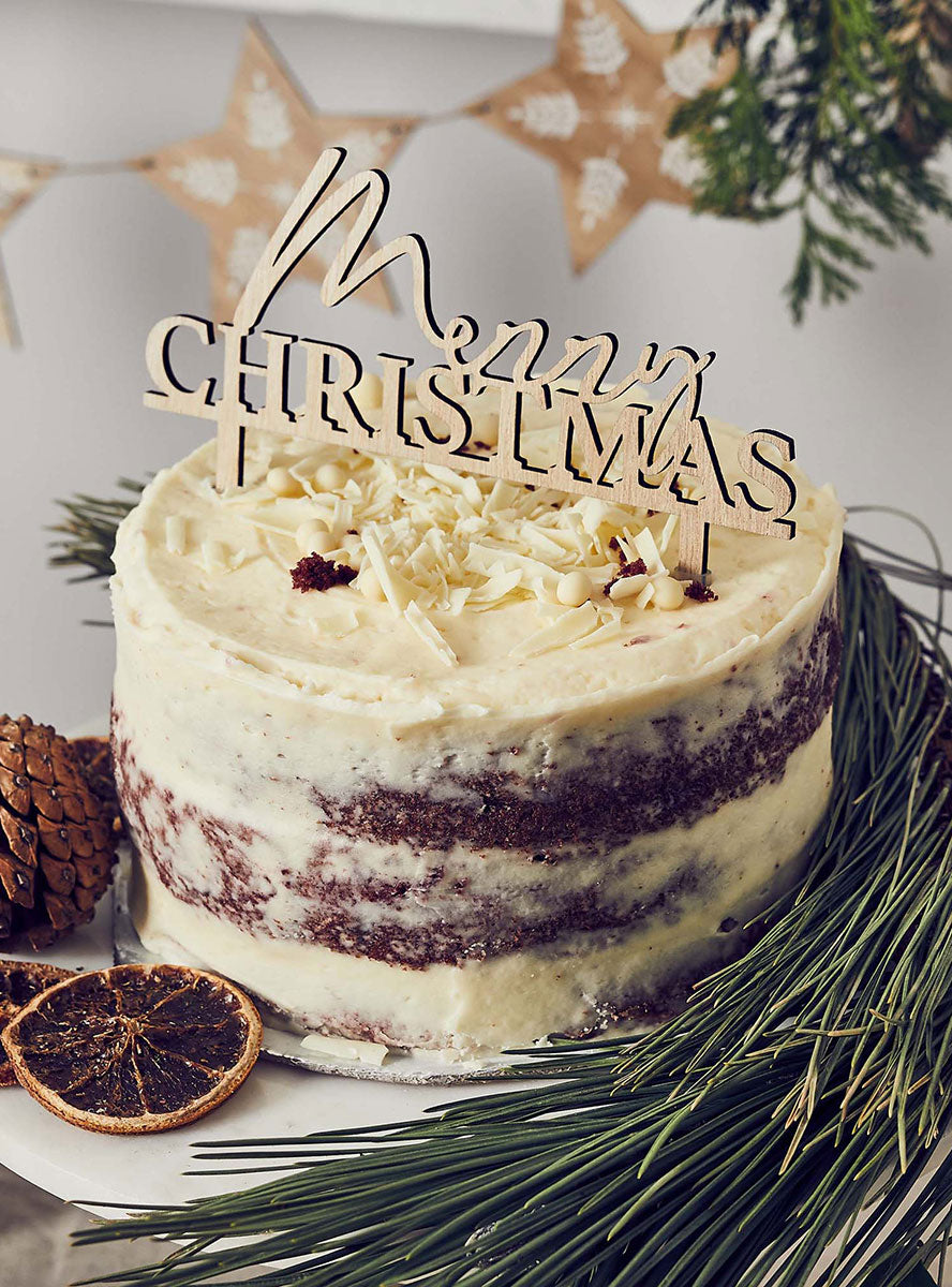 Merry Christmas Wooden Cake Topper Decoration - Lifestyle Image
