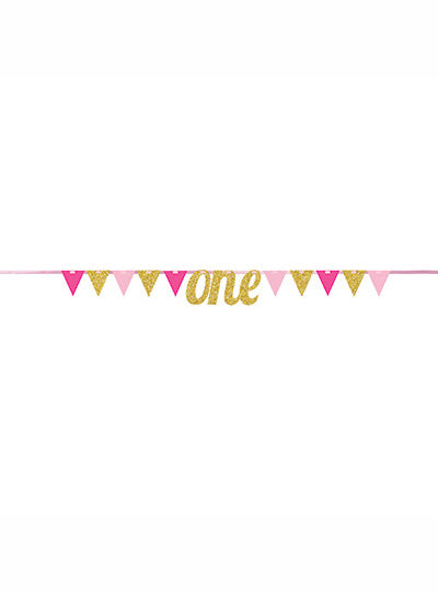 First Birthday Pink and Gold Glitter 274cm Long Pennant Banner – Main Image