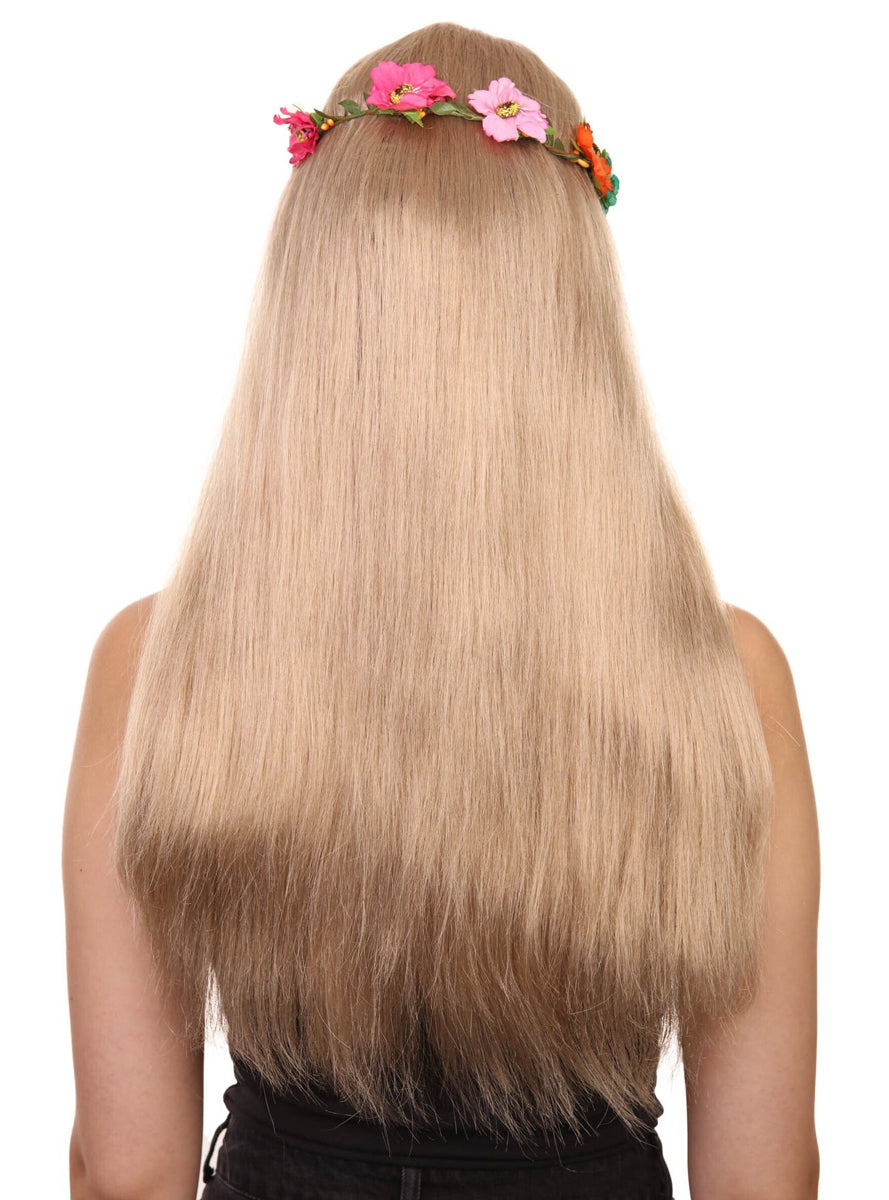 Flower Crown Hippie Womens Blonde Costume Wig - Back Image