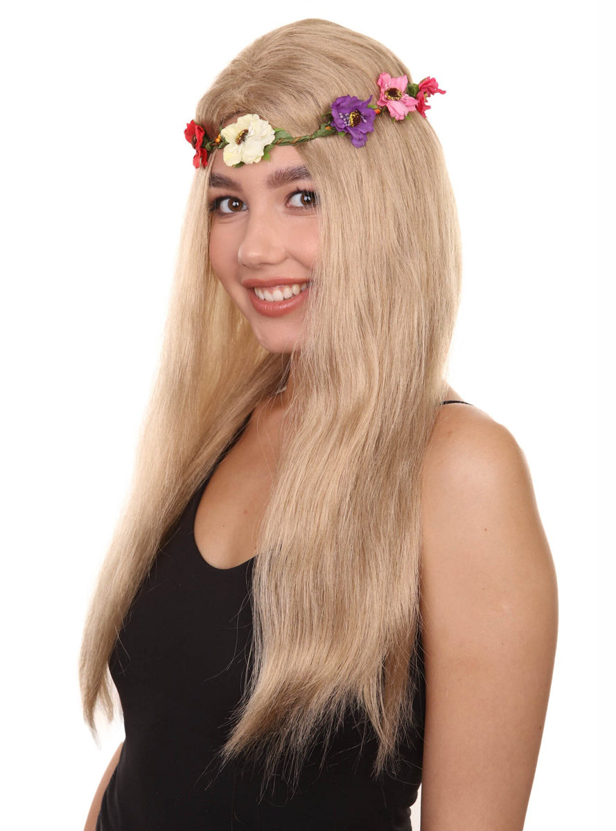 Flower Crown Hippie Womens Blonde Costume Wig - Side Image 1