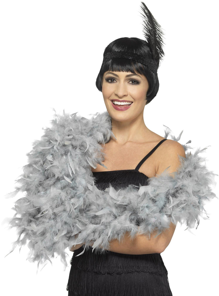 Deluxe Fluffy Grey Costume Feather Boa - Main Image