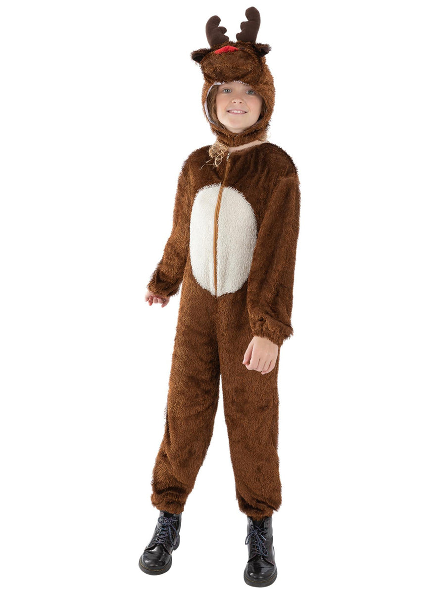 Girls Brown Christmas Reindeer Costume Onesie - Main Image