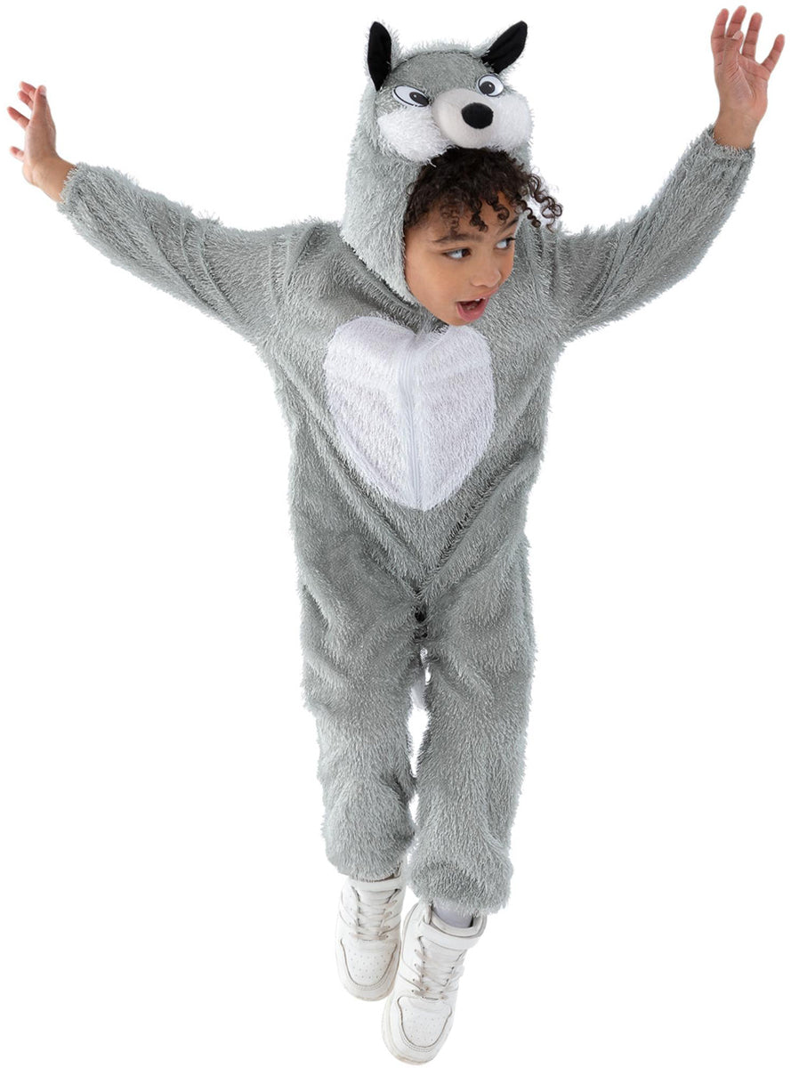 Girls Grey Wolf Animal Costume Onesie - Alternative Image