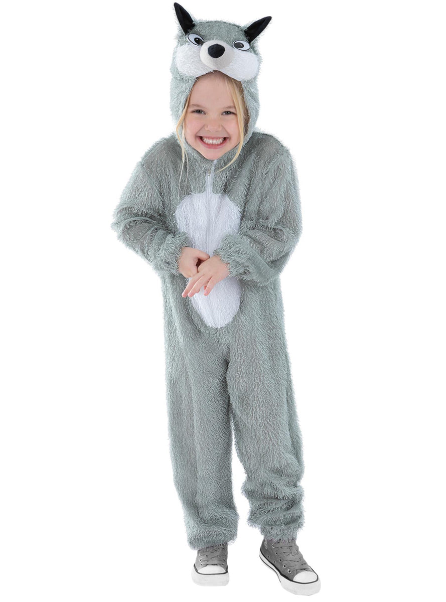 Girls Grey Wolf Animal Costume Onesie - Main Image