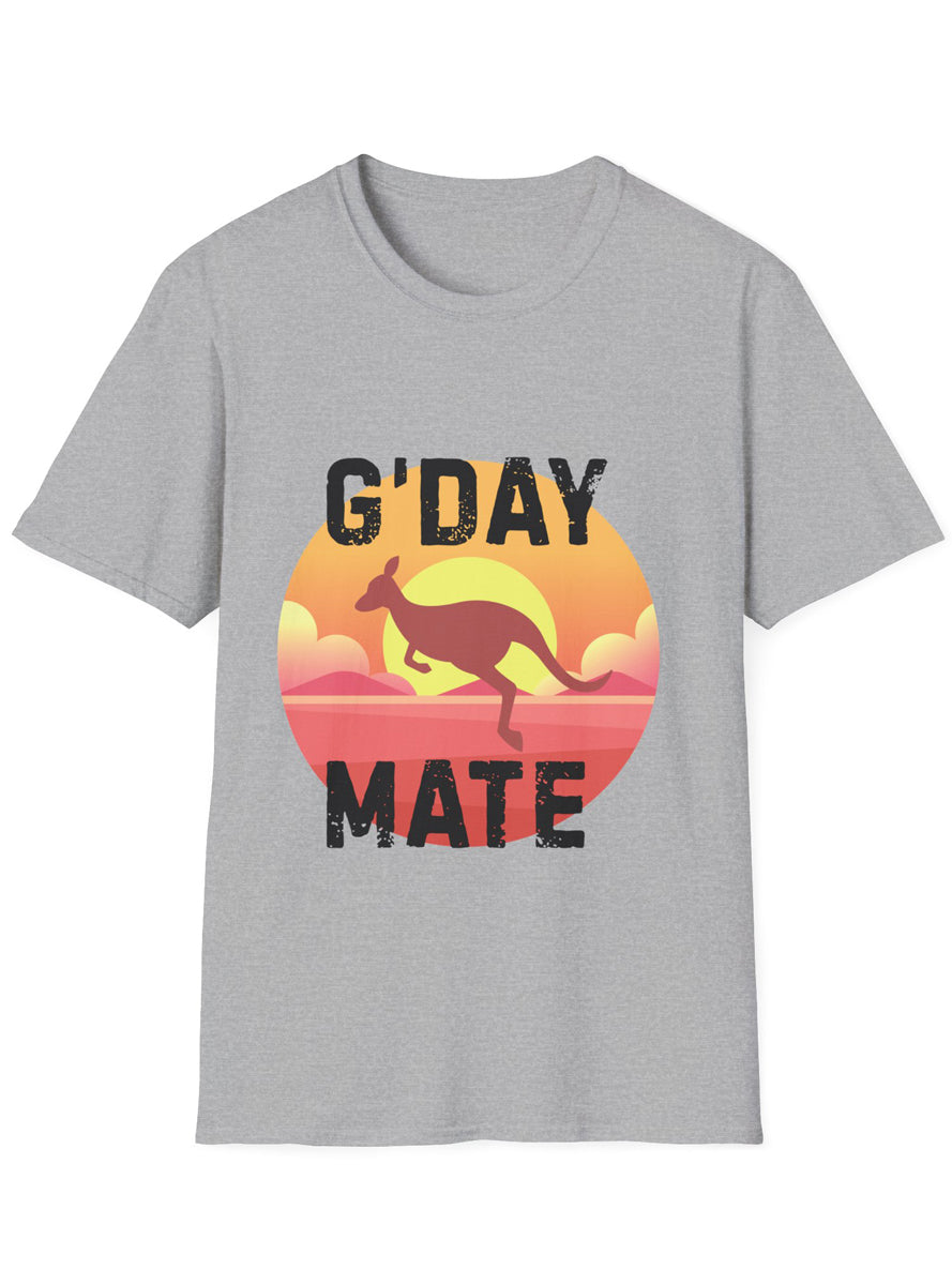 Adults Grey T-Shirt with G’Day Mate Sunset Kangaroo Print