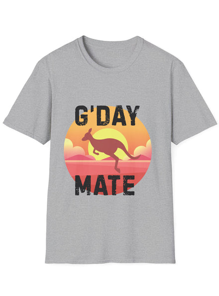 Adults Grey T-Shirt with G’Day Mate Sunset Kangaroo Print