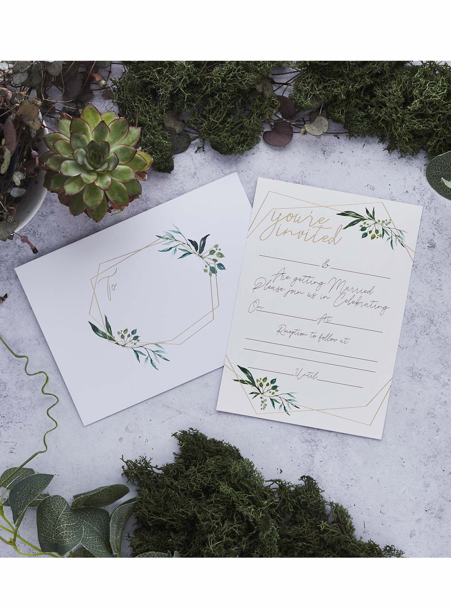 Geometric Greenery 25 Pack Day Wedding Invitations and Envelopes - Lifestyle Image