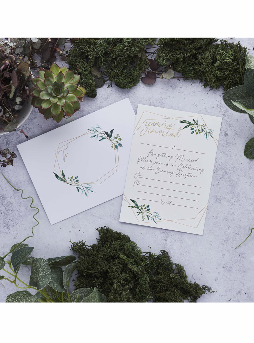 Geometric Greenery 25 Pack Evening Wedding Invitations and Envelopes - Lifestyle Image