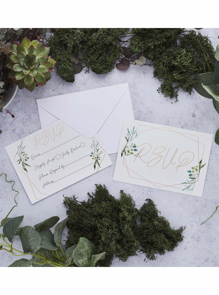 Geometric Greenery 25 Pack Wedding RSVP Cards and Envelopes - Lifestyle Image