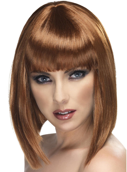 Womens Brown Costume Bob Wig With Fringe - Main Image