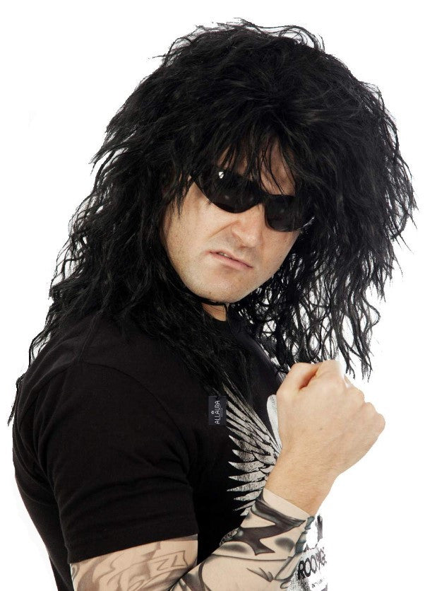 Glam Rock God Mens Black 80s Costume Wig - Side Image
