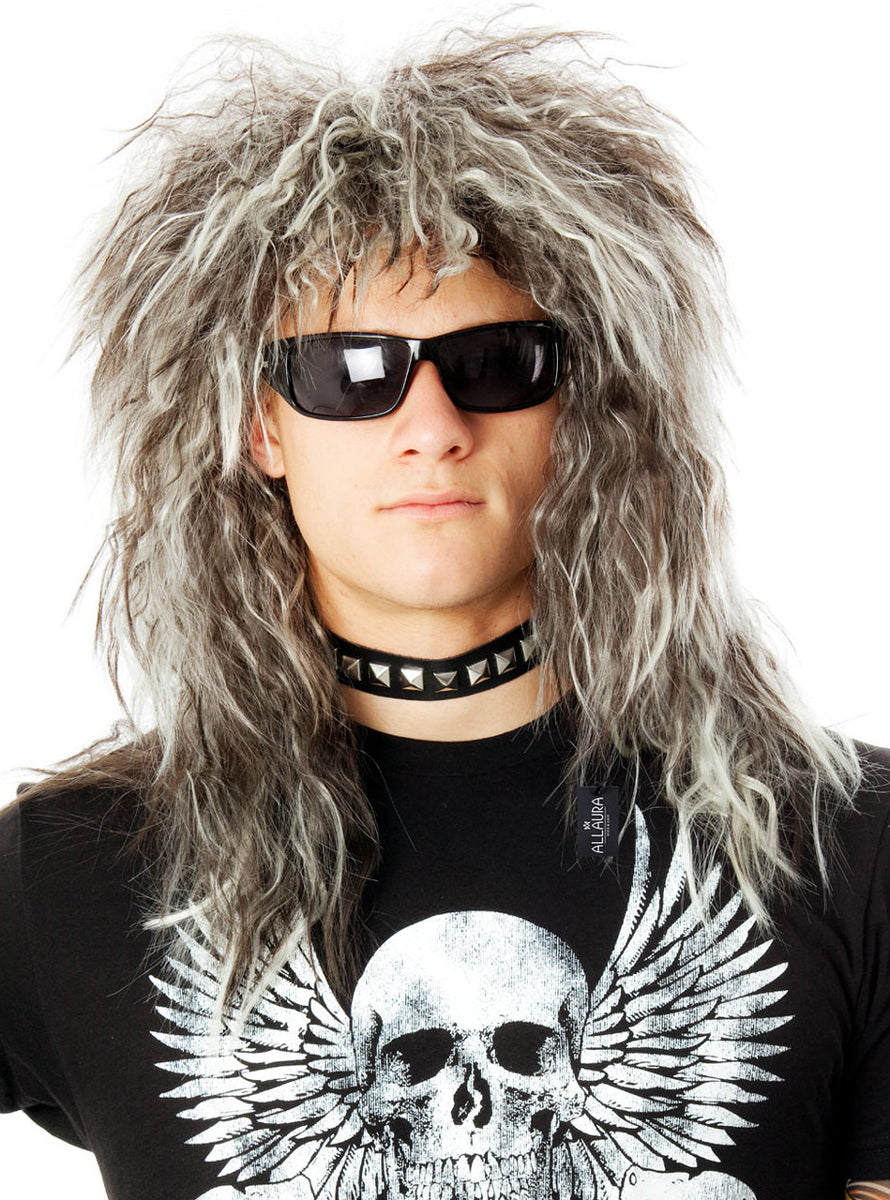 Glam Rock God Mens Long 80s Costume Wig and Tattoo Sleeves Costume Set - Alternative Image