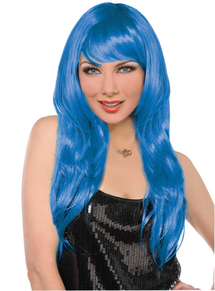 Womens Long Blue Costume Wig with Side Swept Fringe