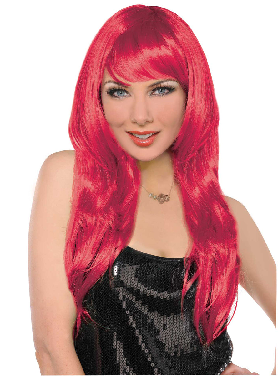 Womens Long Red Costume Wig with Side Swept Fringe