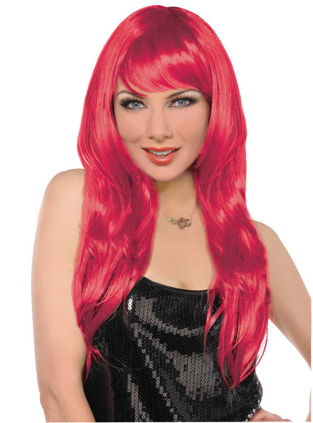 Womens Long Red Costume Wig with Side Swept Fringe