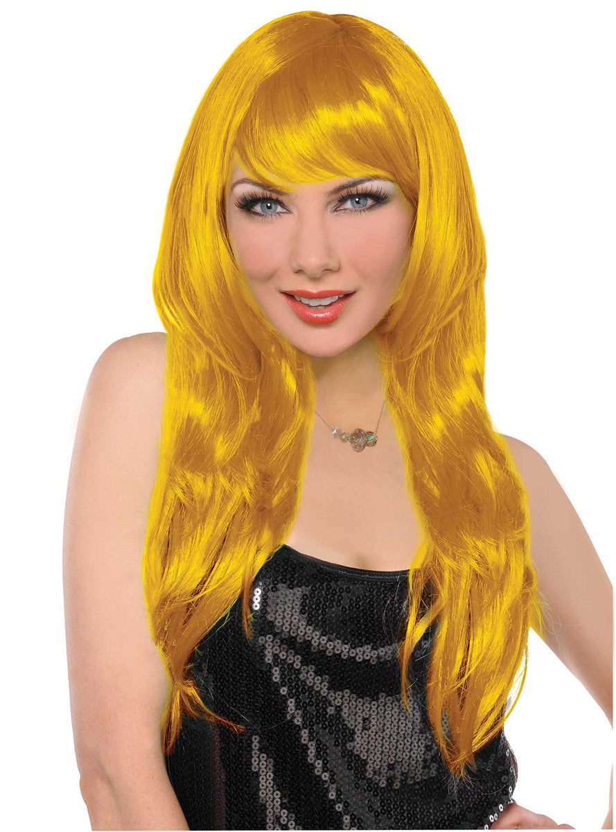 Womens Long Golden Costume Wig with Side Swept Fringe