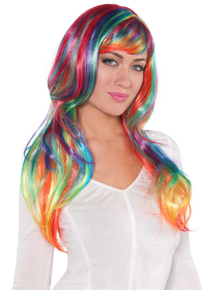Womens Long Rainbow Costume Wig with Side Swept Fringe