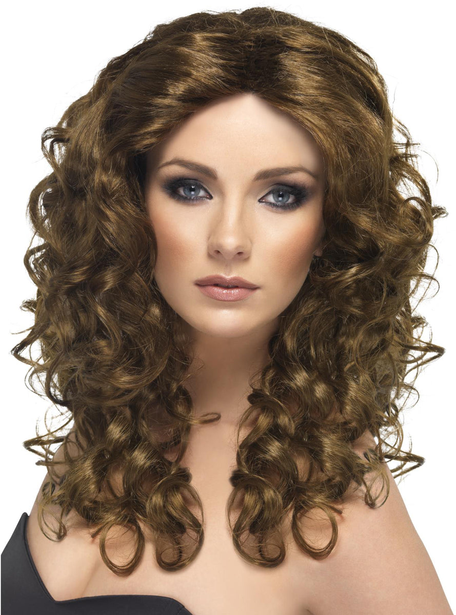 Curly Brown Womens Shoulder Length Costume Wig With Center Part - main Image