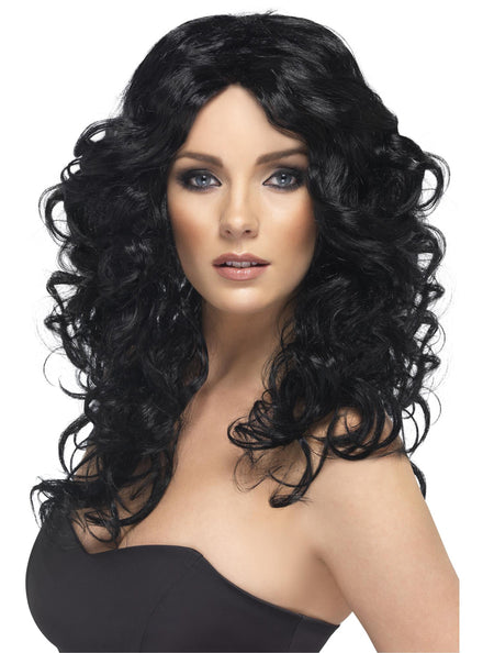 Curly Black Womens Shoulder Length Costume Wig With Center Part - main Image