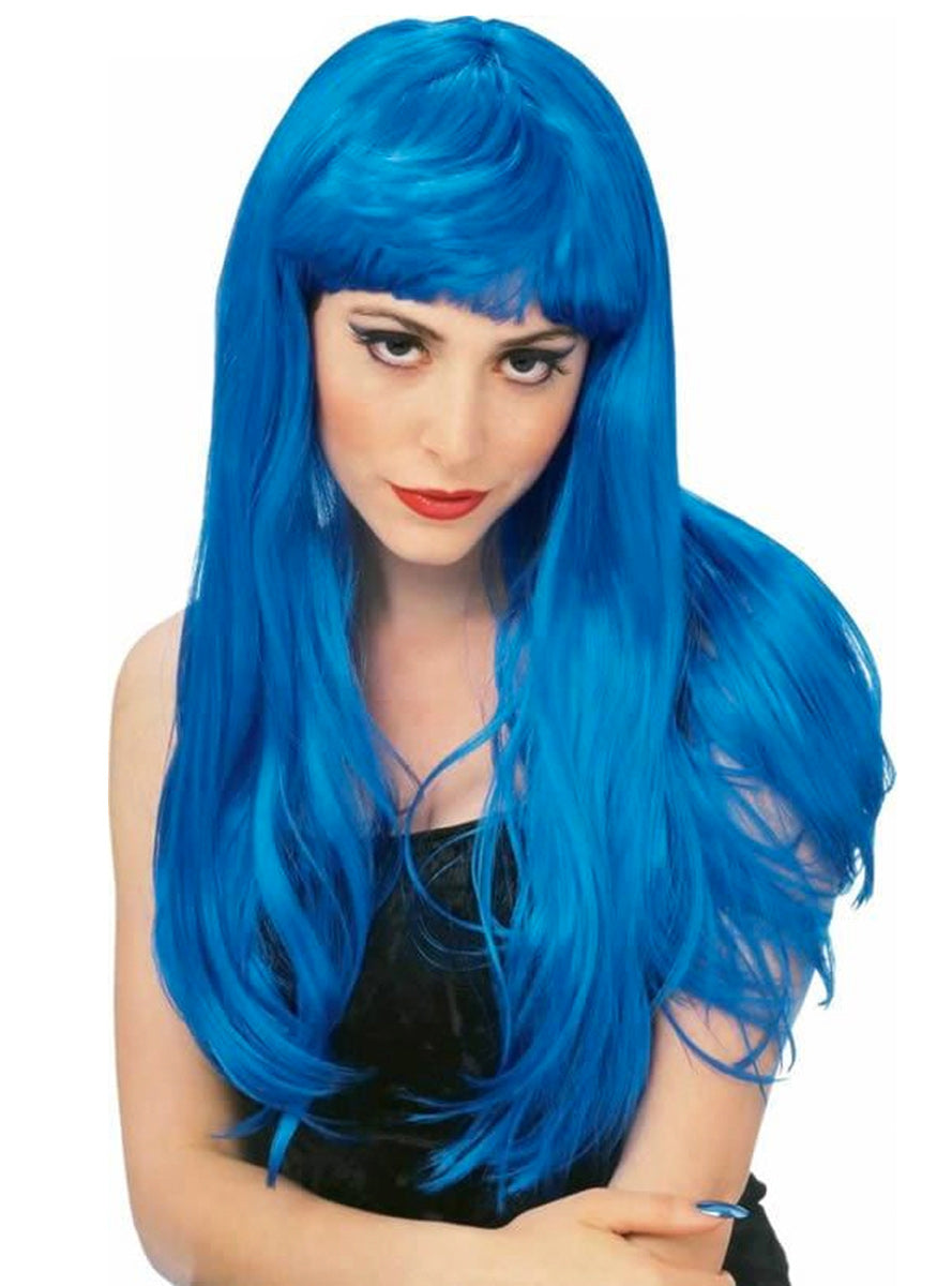 Womens Long Blue Glamour Costume Wig With Fringe - Main Image