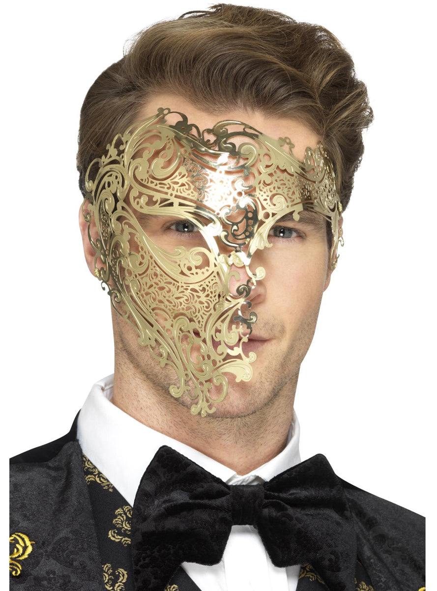 Mens Gold Half Face Metal Filigree Phantom Masquerade Mask - Main Image