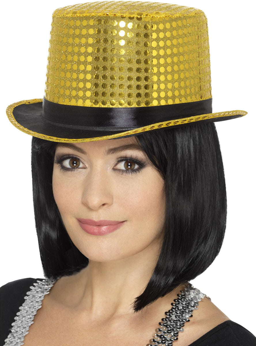 Gold Sparkly Sequin Adults Top Hat - Alternate Image
