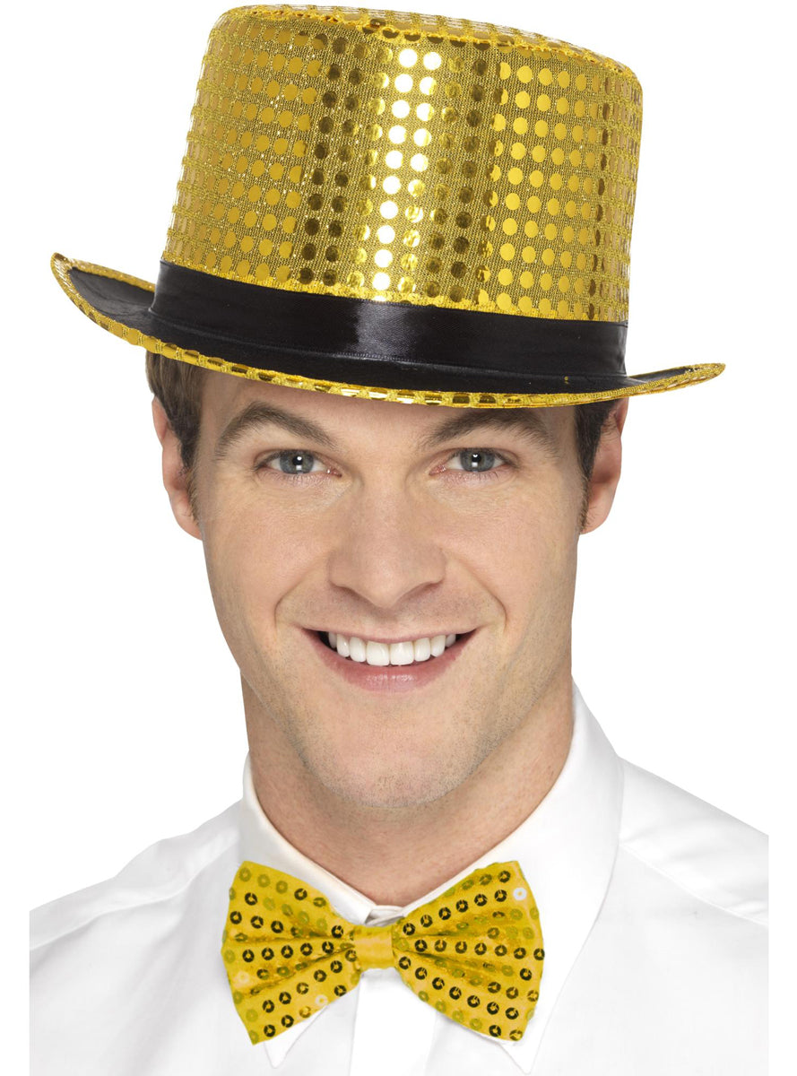 Gold Sequin Adults Top Hat with Black Band - Main Image