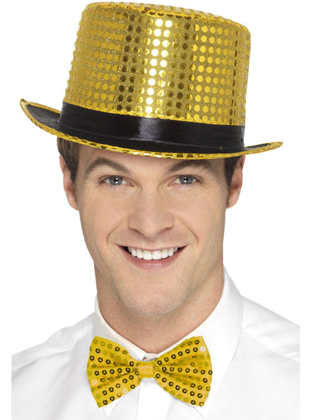Gold Sequin Adults Top Hat with Black Band - Main Image