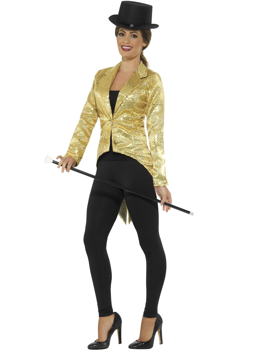 Womens Gold Sequin Plus Size Tail Coat Jacket - Front Image
